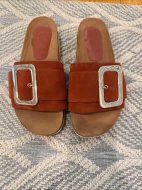 Women's Rust Suede Slide Sandals with Decorative Silver Buckles